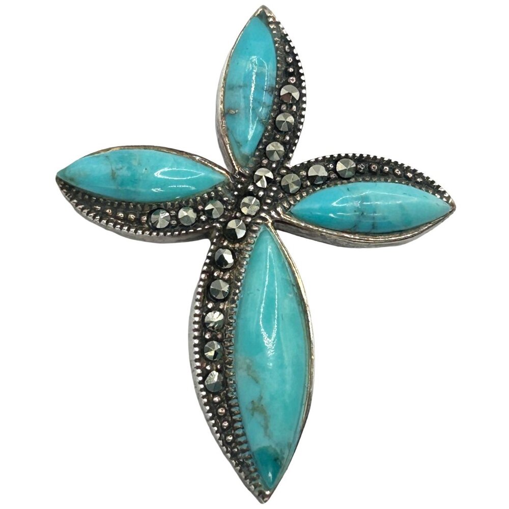 Vintage 925 Sterling Silver Cross Necklace Pendant with Turquoise & Marcasite